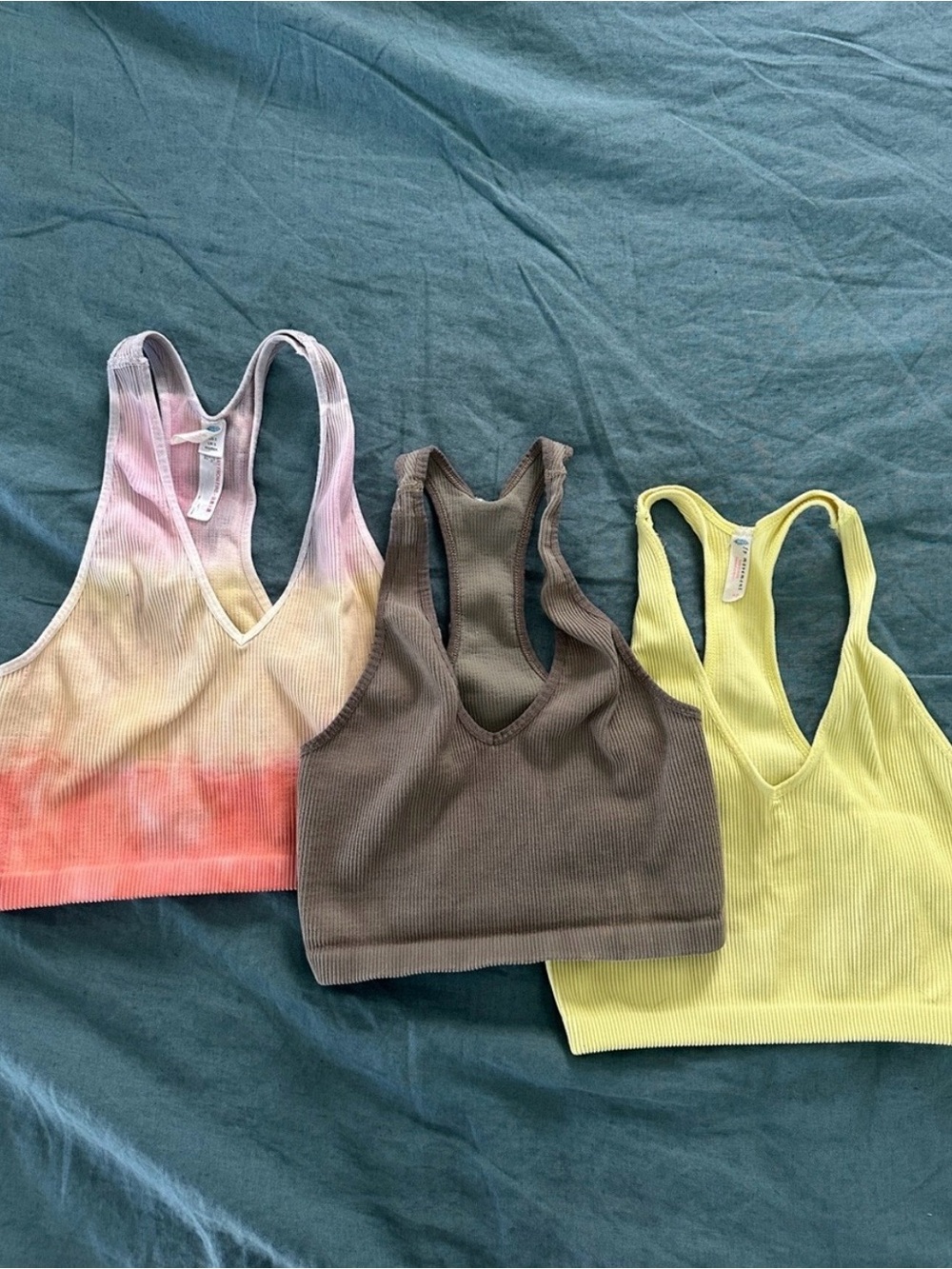 FPM Ribbed V-Neck Racerback Crop Tank Top - Multicolor, Green, Neon Yellow
